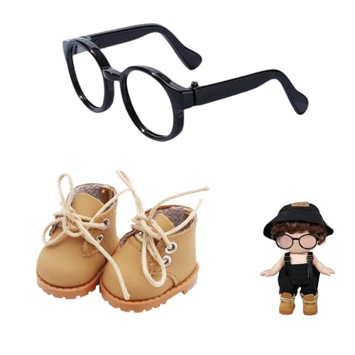 Mrltau Intellektueller Stil Puppen Kleidung Zubehör-Set: Schwarze runde Brille & Klassische Turnschuhe für 15/17 cm Vinyl-Plüschpuppe, Lässiger Gelehrten-Look(Gelb)