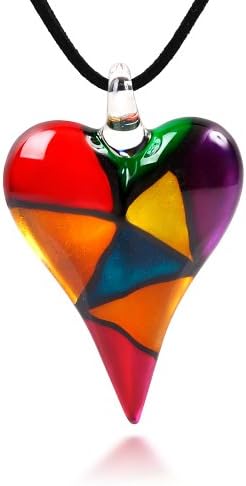CHUVORA Hand Blown Murano Glass Multi-Colored Mosaic Design Heart Pendant Necklace for Women, Red Yellow Purple Green 18-20 inches