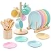 GAGAKU Kids Wooden Play Dishes Set -27Pcs Montessori Play Kitchen Accessories Plates and Bowls Set, Storage Stand & Play Food, Pretend Cooking Toys for Ages 3-5, Educational Gift for Toddler
