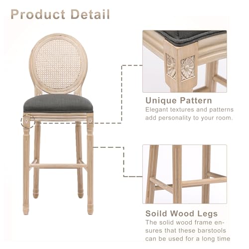 Solid-Wood-Bar-stools-Set-of-2-Classic-French-Country-Wooden-Barstools-with-Upholstered-Seating-30-Kitchen-Bar-Stool-for-High-Bar-Counter-Dark-Grey-Rattan-Back Solid Wood Bar stools Set of 2 Classic French Country Wooden Barstools with Upholstered Seating 30 Kitchen Bar Stool for High Bar Counter Dark Grey Rattan Back