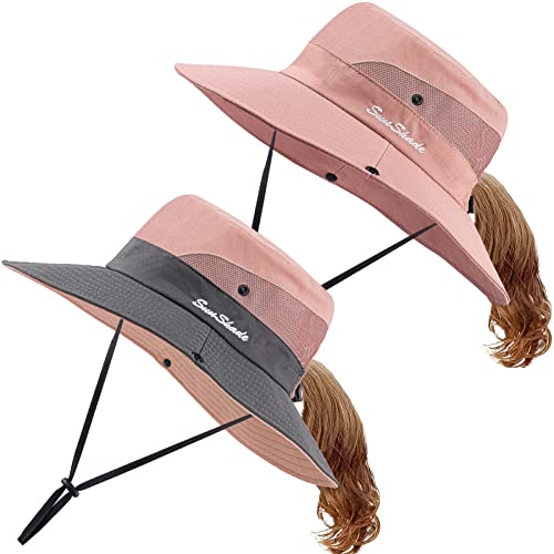 Ladiery Sombrero plegable de malla de ala ancha para mujer, sombrero de pesca en la playa, senderismo al aire libre, verano, 2 unids/lote, Rosa y rosa puro, 7 1/4 Cover