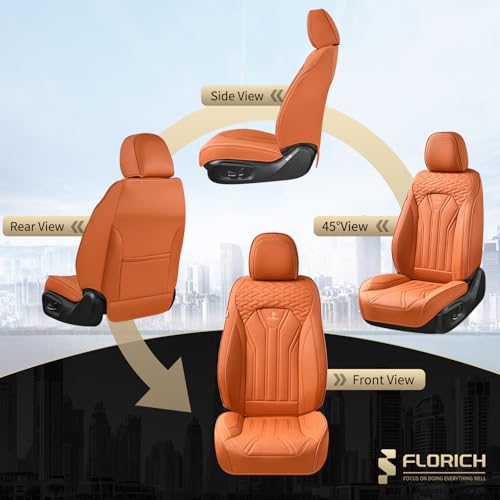 Image of FLORICH Seat Covers, Leather Car Seat Covers Front Seats, Automotive Seat Covers Waterproof Car Seat Cushion Orange Seat Cover Protector Universal Fit for Most Cars Trucks SUVs