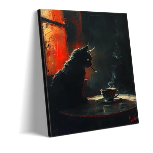 Toile chat noir fumeur et café pour personnaliser un intérieur moderne avec une touche d'humour