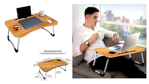 Image of Study Table Foldable Wooden Laptop Bed Tray Table, Multifunction Lap Tablet Desk with Cup Holder, Perfect for Eating Breakfast, Reading Book, Working, Watching Movie On Bed(Brown), 60 cm