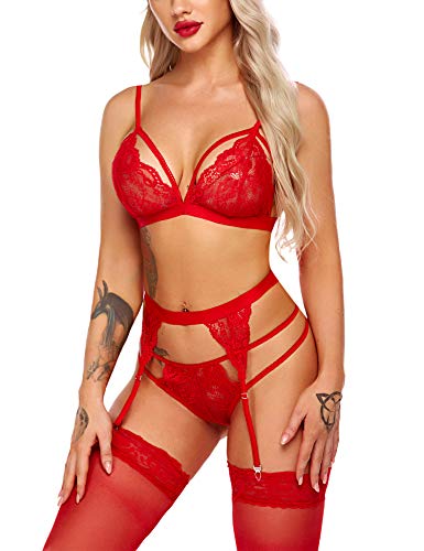 Avidlove Women Lingerie Set Lace Teddy Strap Babydoll Bodysuit with Garter Belts Red Small