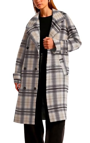 Image of CHARTOU Women Long Wool Plaid Pea Coat Double Breast Midi Long Trench Peacoat Overcoat with Belt (Medium,Brown)
