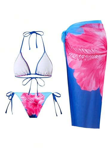 Image of ZAFUL Women's 3 Piece Swimsuit Floral Halter Triangle String Bikini Tie Side Bottom with Boho Cover Up Skirt