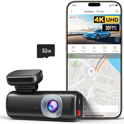 REDTIGER 4K Dash Cam Front, ADAS, Built-in WiFi GPS, Mini Car Dash Camera with G Sensor, 24H Parking Monitor, Free 32GB Memory Card, APP Control, Loop Recording, Night Vision(F9 Lite)