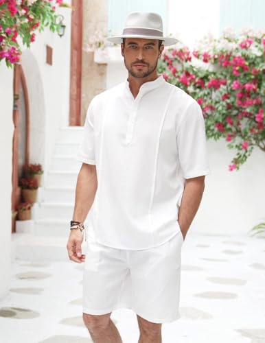 COOFANDY Men's 2 Pieces Linen Set Henley Shirt Short Sleeve and Shorts Summer Beach Yoga Matching Outfits3
