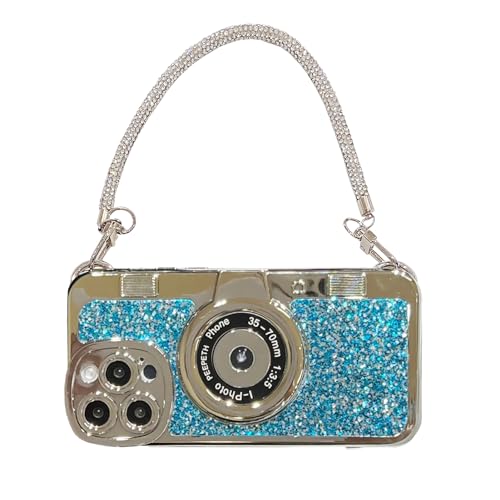 Coque appareil photo 3D iPhone 14 vintage bleu avec dragonne silicone