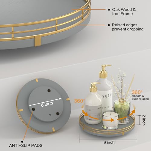 Image of 9 inch Wooden Lazy Susan Turntable for Cabinet - Rotating Spice Rack Organizer, Small Gray Kitchen Countertop Tray for Dining Table & Pantry Storage