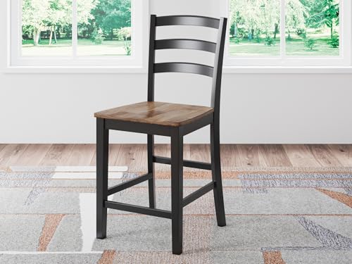 Image of Signature Design by Ashley Counter Height Barstool, Set of 2, Brown /Black | Solid wood frame with contoured butcher block veneer seat, Farmhouse style for kitchen islands, Wildenauer Series