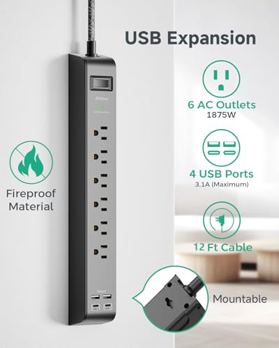 Image of mifaso 12ft Type Clong Power Strip Surge Protector - with 6 Outlets 4 USB Ports, Heavy-Duty Braided Extension Cord, Flat Plug, 900 Joules, 15A Circuit Breaker, Black (CBL - 017)