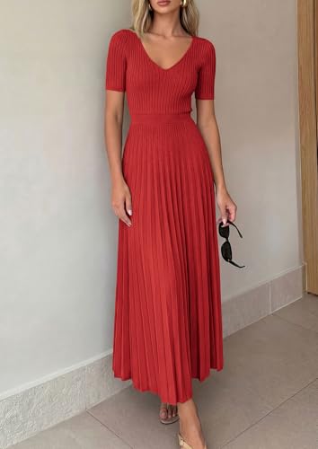 PRETTYGARDEN Women's 2026 Spring Midi Sweater Dresses Elegant Pleated Ribbed Knit Short Sleeve V Neck A Line Summer Outfits (Red,Small) — view 5