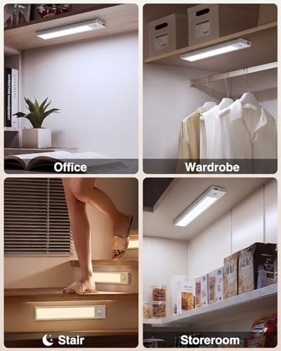 Image of Abovizo 2 Pack Under Cabinet Lighting, 3 Color Temps, Battery Operated Motion Sensor Light Indoor, Dimmable Under Counter Lights for Kitchen Stairs Closet Pantry