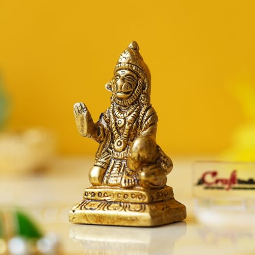 Image of eCraftIndia Golden Brass Hanuman Ji Murti Statue | Blessing Lord Hanuman Idol for Home Temple Pooja Mandir Car Dashboard | Gift for Housewarming Birthday
