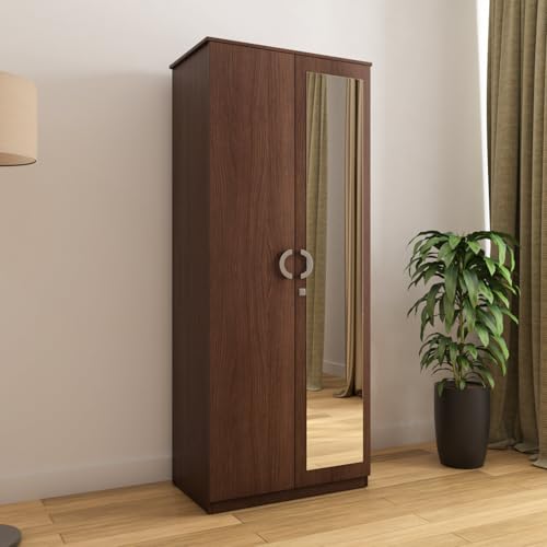 Image of Nilkamal Massif 2 Door Wooden Wardrobe with Mirror for Bedroom | Almirah with 1 Hanging Rod & 3 Shelves | Clothes Cupboard | Engineered Wood | Legno Oak