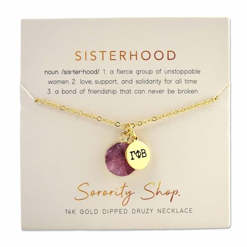 Sorority Shop GPB Necklace - Gamma Phi Beta Pink Druzy Gemstone Necklace With Engraved Pendant – 14K Gold Dipped Jewelry with Pink Gemstone – Sorority Gift, Charm Paraphernalia3
