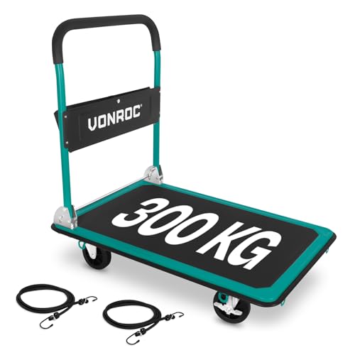 VONROC Chariot à Plate-Forme Pliable 300 kg - Chariot de Transport en Acier avec Roues et Freins, étage 90 x 60 cm - Idéal pour entrepôt, Atelier, Garage et...