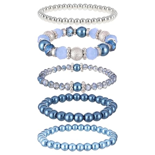 GAUEIOUR 5 Pcs Beaded Bracelets for Women Stackable Boho Style Elastic Crystal Bead Bracelet, Vacation Souvenir Jewelry Set, Women's Fashion Clothing Jewelry Birthday Gift