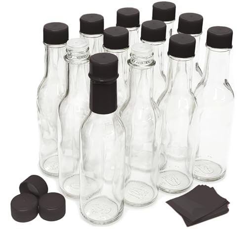 nicebottles Hot Sauce Bottles with Black Caps & Shrink Bands, 5 Oz - 12 Pack