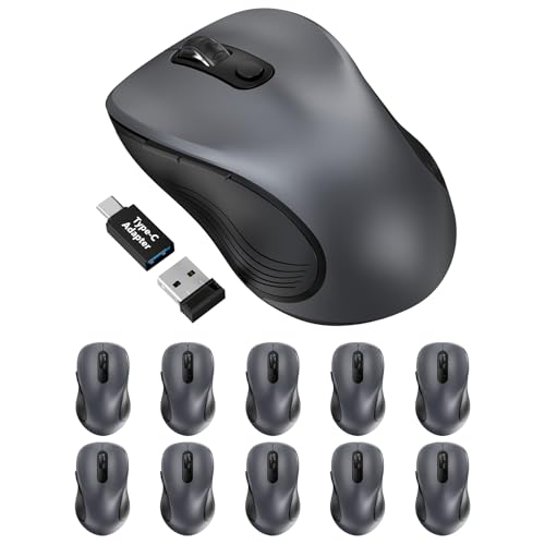 Image of Trueque Wireless Mouse for Laptop, Ergonomic 6-Button Mouse, 10 Pack, Gray | 2.4GHz USB receiver, back /forward buttons, 3 adjustable DPI levels, silent clicks, USB-C adapter, Windows /Mac /Chrome OS /Linux