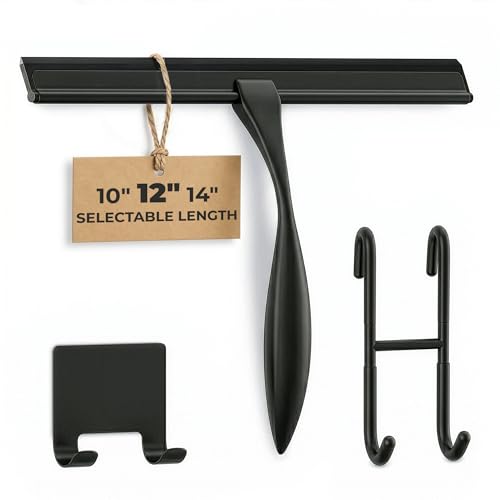 Image of Shower Door Squeegee with Hook - 12 inch Silicone Blade, Stainless Steel Black Squeegee for Shower Glass with Adhesive Mount - All-Purpose Bathroom Tile, Mirror, & Window Wiper for Streak-Free Cleaning
