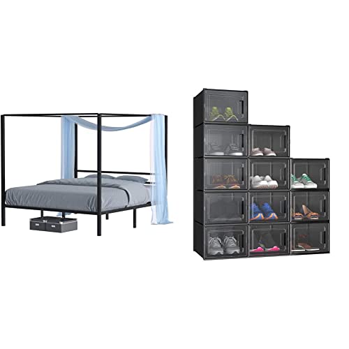 Yitahome King Upholstered Wingback Platform Bed With Gray Velvet Headboard And Wooden Slat & Set Of 12 Xl Shoe Box Storage Organizers- Black #TOP12