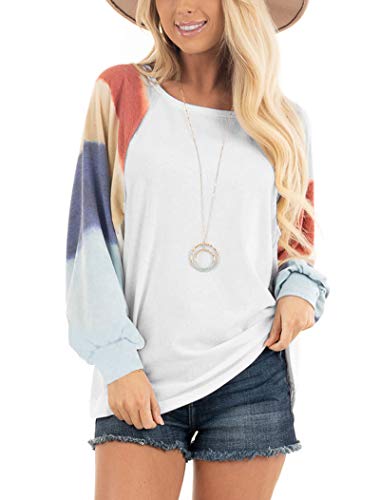 Minthunter Women's Long Sleeve Top Soft Knit Pullover Tunic Color Block Fall Lightweight Sweatshirt (Small,White)