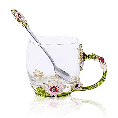 POSTWAVE Tea Cup Coffee Mug Cups Clear Glass & Spoon Handmade Daisy Flower