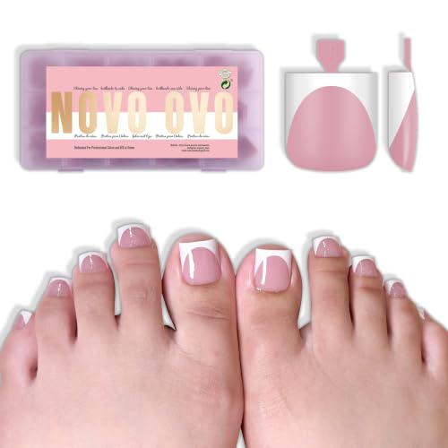 NOVO OVO Deep Curve White French Tip Toe Nail Tips Press on BERRY PINK, Sharp Square Medium Pre-Designed Soft Gel Full Cover Extension, Need Builder Gel Top Coat, for DIY x 15 Sizes 240 Pcs