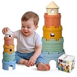 KSIBE Cubos Apilables Bebé Silicona Montessori 3 en 1 – Juguetes Sensoriales Educativos 6-12 Meses | Mordedor Bebe sin BPA | Juguete Baño, Playa y Aprendizaje | Regalo Niño Niña 1 Año