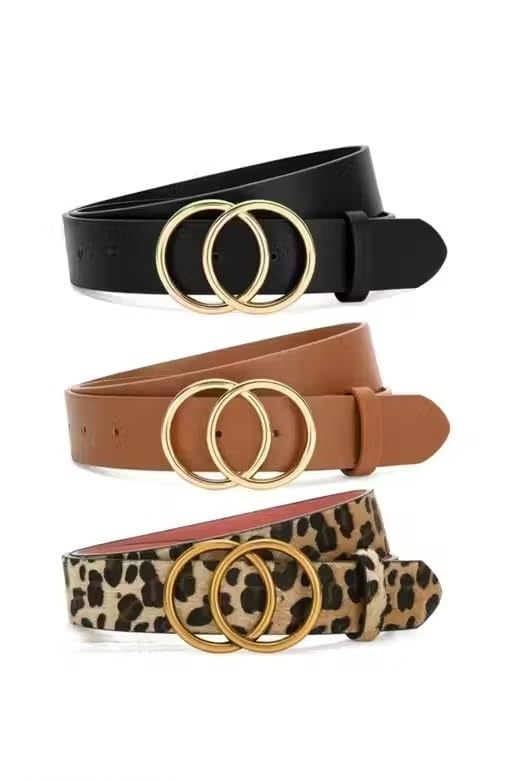 Women's Faux Leather Belt with Double Ring Gold Buckle, 3 Pack-image-46