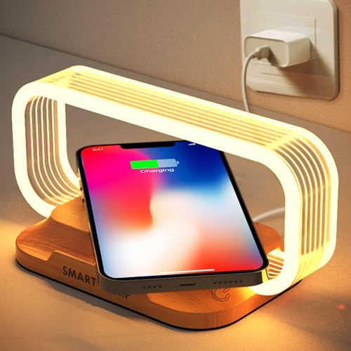 Wanjiaone Lámpara de Mesita con Cargador Inalámbrico,Lámpara de Escritorio Táctil,Mini Lámpara de Mesa con 3 Modos de Color e Regulable,Luz de Noche con Cargador de Inducción para Lectura,Oficina