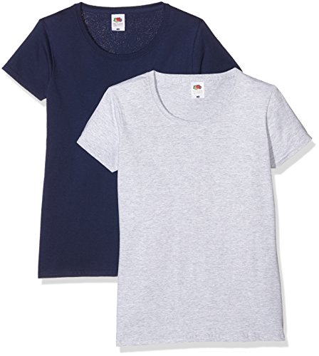 Fruit of the Loom - Valueweight - T-Shirt - Lot de 2 - Femme - Multicolore (Deep Navy/Heather Grey) - XS
