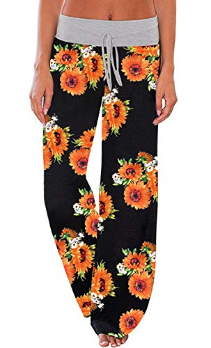 Image of AMiERY Women's Comfy Casual Pajama Pants Floral Print Drawstring Palazzo Lounge Pants Wide Leg