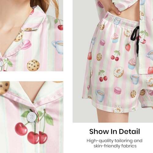 Image of Silk Satin Pajama Set for Women Summer Lounge Pjs Sets 2 Piece Suit Ladies Button Down Tops And Shorts Sleepwear