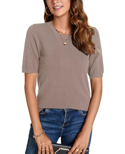 Image of Womens Short Sleeve Sweaters Tops Crew Neck Pullover Shirt Lightweight Knit Sweater Blouse