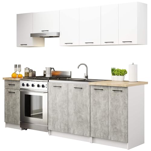 AKORD | Meuble de Cuisine 2.4m | Kitchen Cabinet Set | Armoires au Sol & Suspendues | Tiroirs & Meuble sous évier | Blanc & Béton