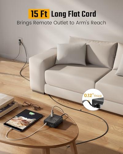 Image of 15Ft Extension Cord with Multiple Outlets, Flat Plug Power Strip Surge Protector with 15 Ft Long Cord, 8 Outlet 4 USB Ports (2 USB C), Desk Charging Station for Home Office, College Dorm Room
