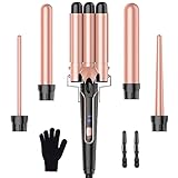 3 Barrel Beach Waver Curling Iron - 5 in 1 Curling Wand Set, Interchangeable Hair Crimper for Women, Temperature Control