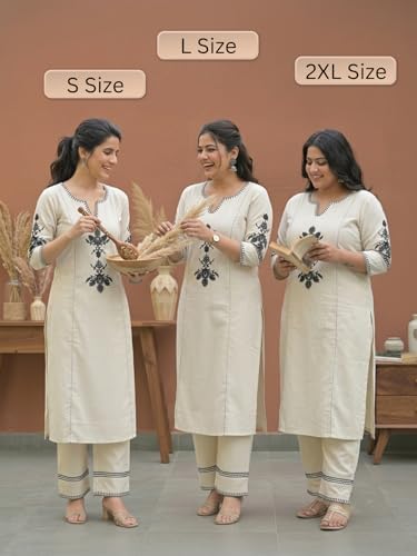 Image of Leriya Fashion Women's Cotton Straight Embroidered Kurta with Pant Set | Ethnic Motifs Work Kurti with Pant for Women | Casual & Office Outfit Ensemble | Kurta Sets for Woman