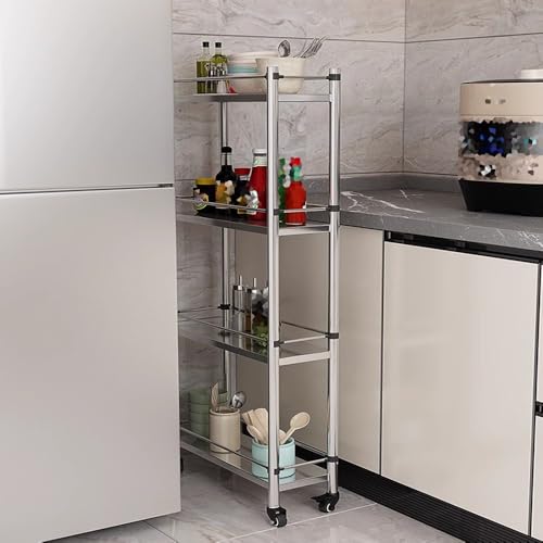 Image of 5-Tier Stainless Steel Utility Cart with WheelsKitchen Work Table Pot and PanHeavy-Duty Metal Storage Rack 40 x 32 x 84 cm Ideal for Home and Restaurant,Silber-15.7X7.5X46.5IN