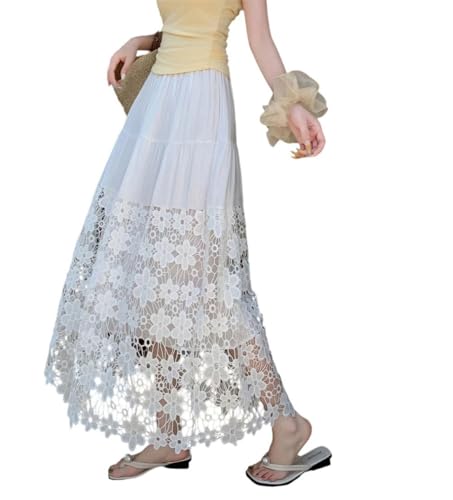Women Lace Hollow Out Flower High Waist Skirt Summer Beach Vacation Thin See-Through Midi Skirt