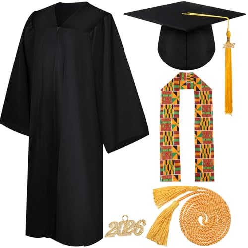 Syhood 7 Pcs 2026 Mexican African Kente Stole Black Graduation Matte Gown Cap Tassel Set Honor Cord for Black Girl Boy Unisex(Size 45,African Kente)