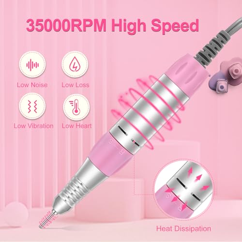 Portable Electric Nail Drill 35000RPM: Professional Nail File Machine, Cordless Rechargeable Nail Drill E File for Acrylic Nails Remove Nail Gel Polish Manicure for Salon Home with Bits Kit, Pink - Thumbnail 4