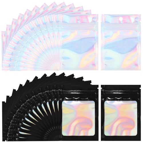 200 Pièces Mylar Ziplock Bags, 10x7cm SachetPlastiques Zip-Noir, Sachets Refermable Zip Imperméables à l'eau et à la Poussière, Les Pochon Zip Holographique Conviennent pour Les Snacks, Noir et Blanc