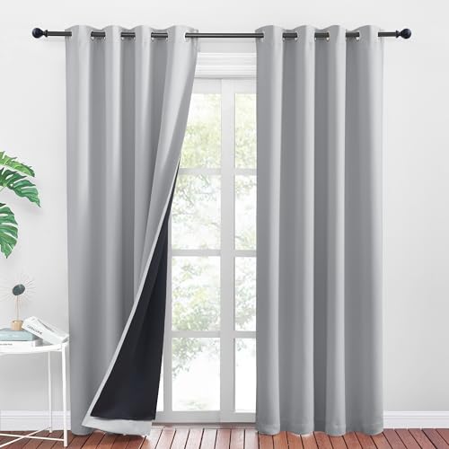 PONY DANCE Rideaux Gris - Rideau Occultant à 100% Double Rideau Thermique Anti Froid/Chaleur à Oeillets pour Chambre avec Noir Doublure Doux Epais, Gris...