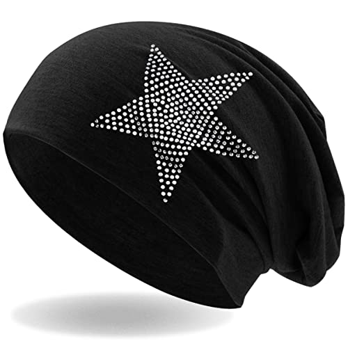 Hatstar-Strass-Stern-Damen-Beanie-Muetze-elastisches-Slouch-Long-Beanie-Maedchen-Muetze-mit-edler-Strass-Applikation-leicht-und-weich