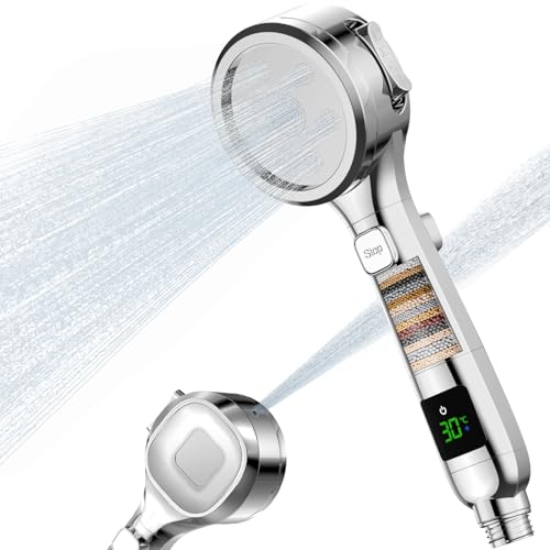 Hard Water Filter Shower Head with 4 Modes, Water Temperature Display, 15 Layers Filtration High Pressure Filtered Shower Heads with Holder and 1.5M Hose, for Residual Chlorine Remove, Silver